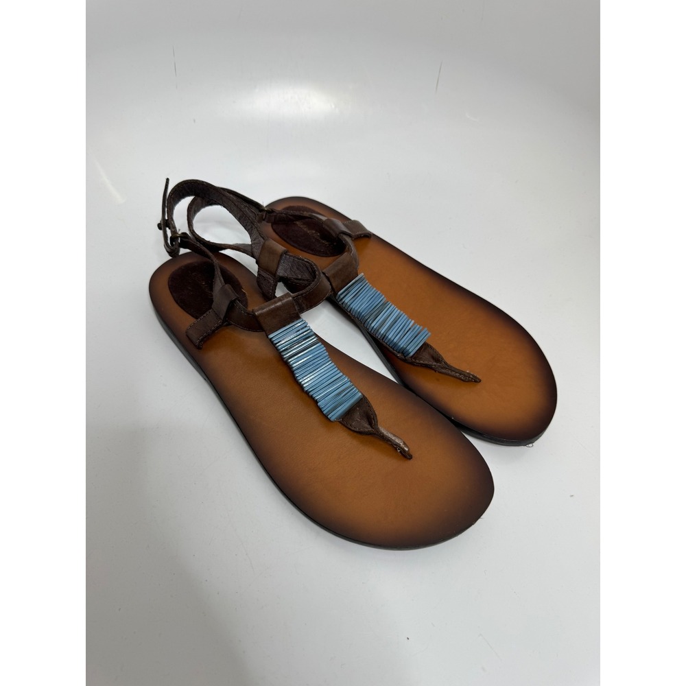 Eddie Bauer Thong Sandals Womens 9 Brown Blue Beaded Leather Flat Ankle Strap